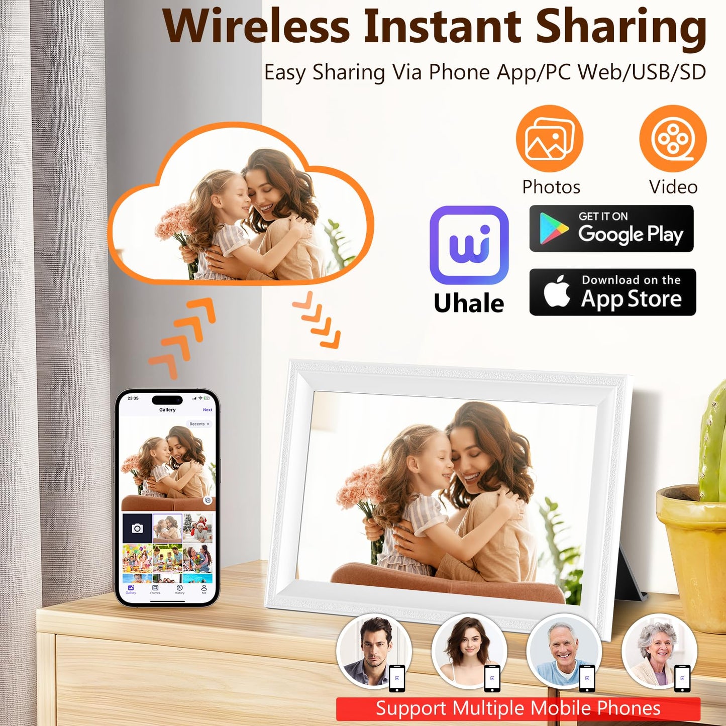 Smart White Digital Picture Frame WiFi Send Photos from Your Phone 16GB Storage 10.1inch 1280x800 IPS Touch Screen Digital Photo Frame Auto-Rotate Wall Mountable Photo Picture Frame Digital