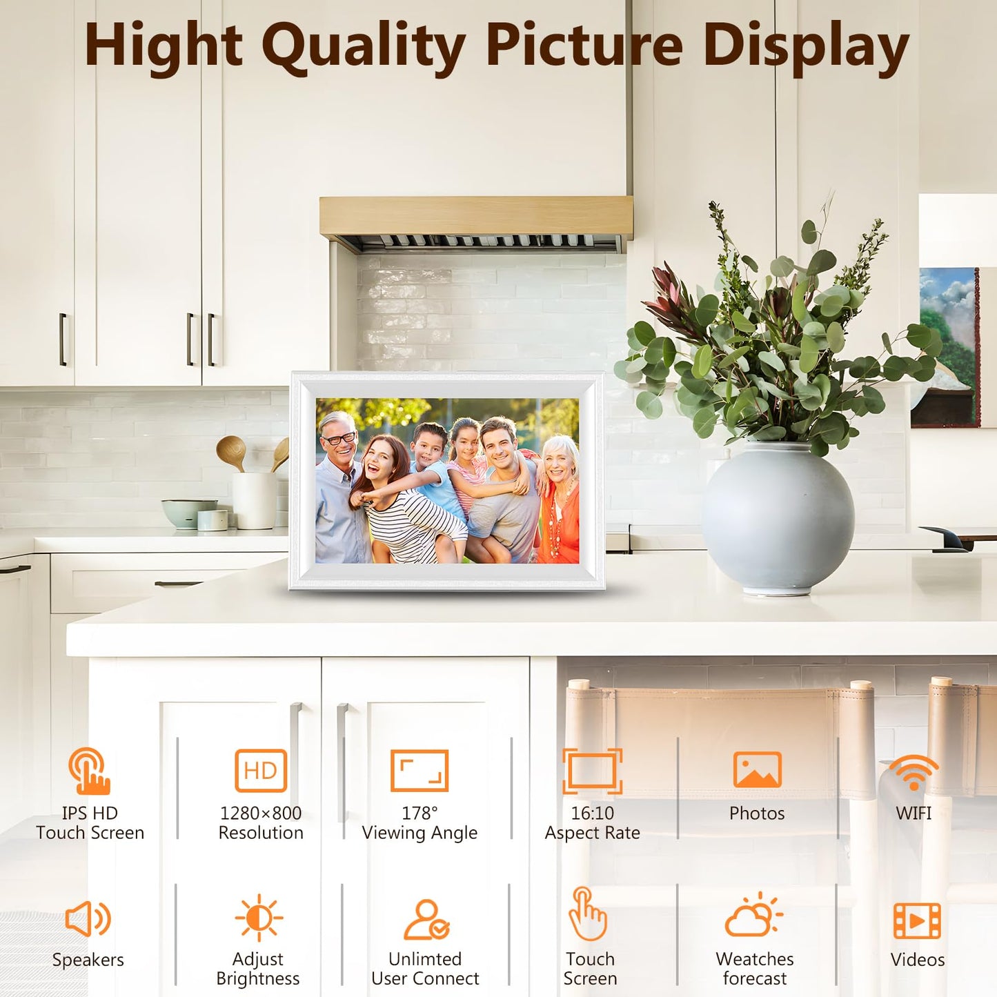 Smart White Digital Picture Frame WiFi Send Photos from Your Phone 16GB Storage 10.1inch 1280x800 IPS Touch Screen Digital Photo Frame Auto-Rotate Wall Mountable Photo Picture Frame Digital