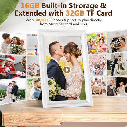 Smart White Digital Picture Frame WiFi Send Photos from Your Phone 16GB Storage 10.1inch 1280x800 IPS Touch Screen Digital Photo Frame Auto-Rotate Wall Mountable Photo Picture Frame Digital