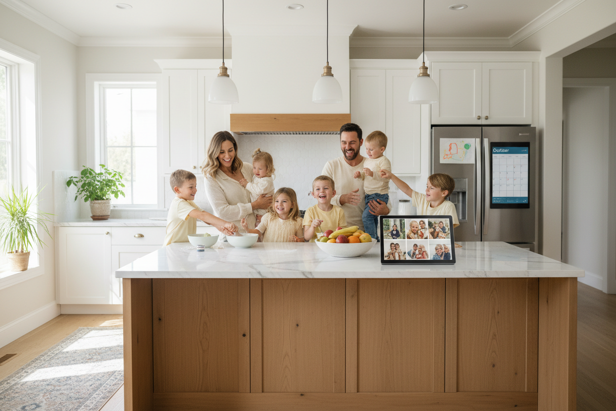 HORIZONTAL PICTURE OF HAPPY PLAYFUL FAMILY WITH LOTS OF KIDS IN KITCHEN WITH A DIGITAL PHOTO FRAME ON KITCHEN ISLAND AND DIGITAL CALENDAR ON FRIDGE